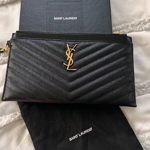 Saint Laurent Chevron Black Clutch with Gold Logo